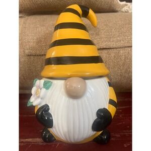 Ceramic Bee Gnome Cookie Jar with Lid Yellow Black Stripe Flower Accent